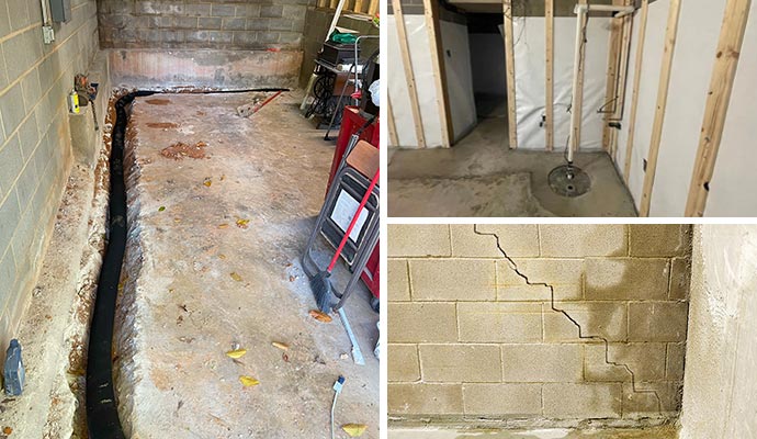 Collage of drainage system installation, sump pump, and cracked foundation wall